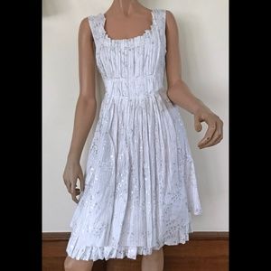 NWT April Cornell white cotton dress metallic silver print tiered ruffles M